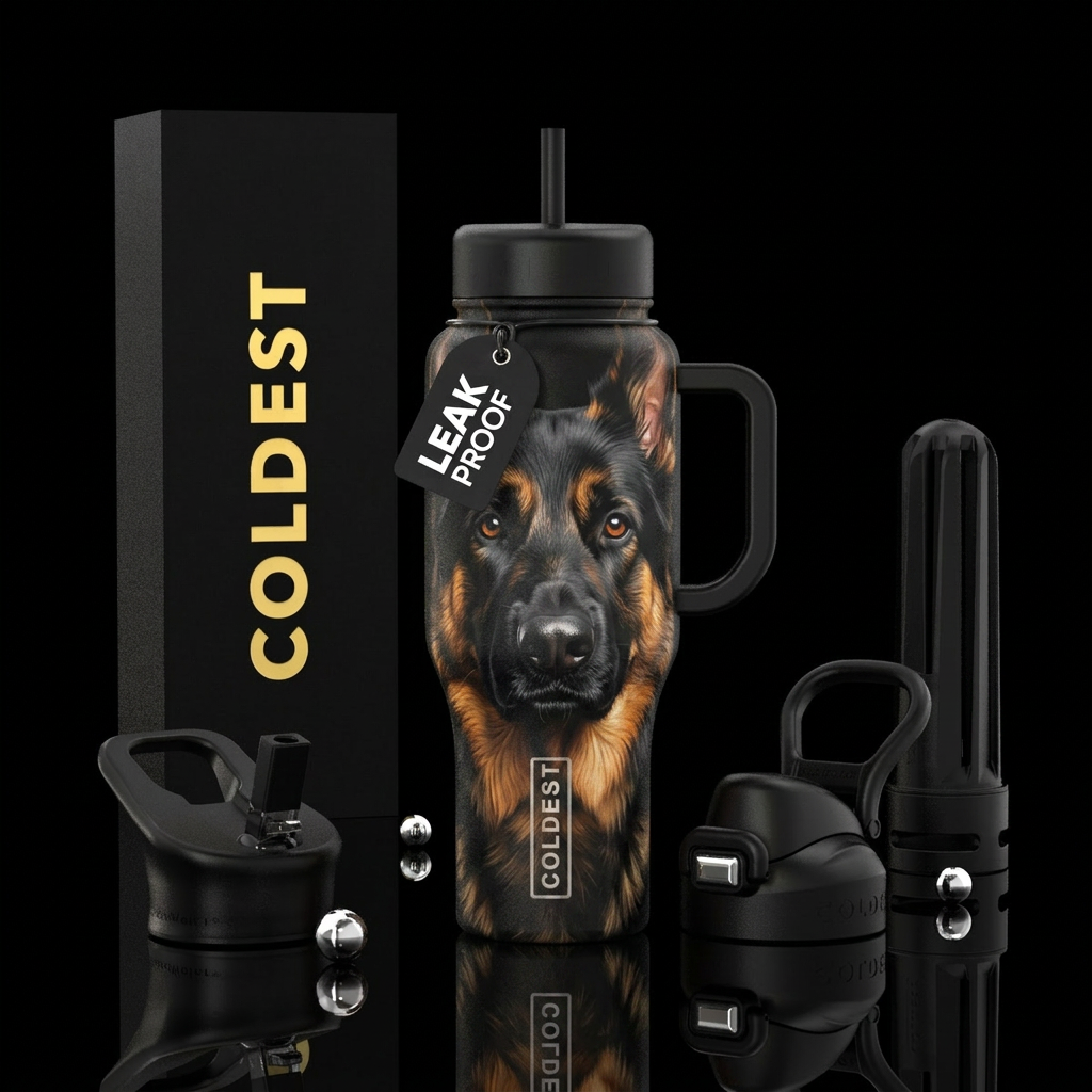 German shepherd black and tan mostly black in face... water bottle design