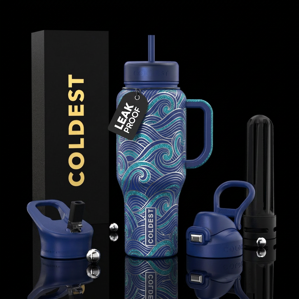 Art deco waves in cobalt,with silver outline and a... water bottle design