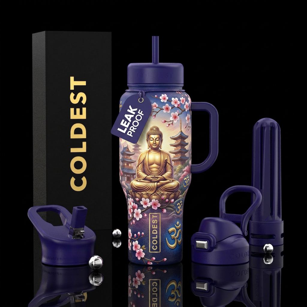Buddha with Buddhist temples in background, cherry... water bottle design