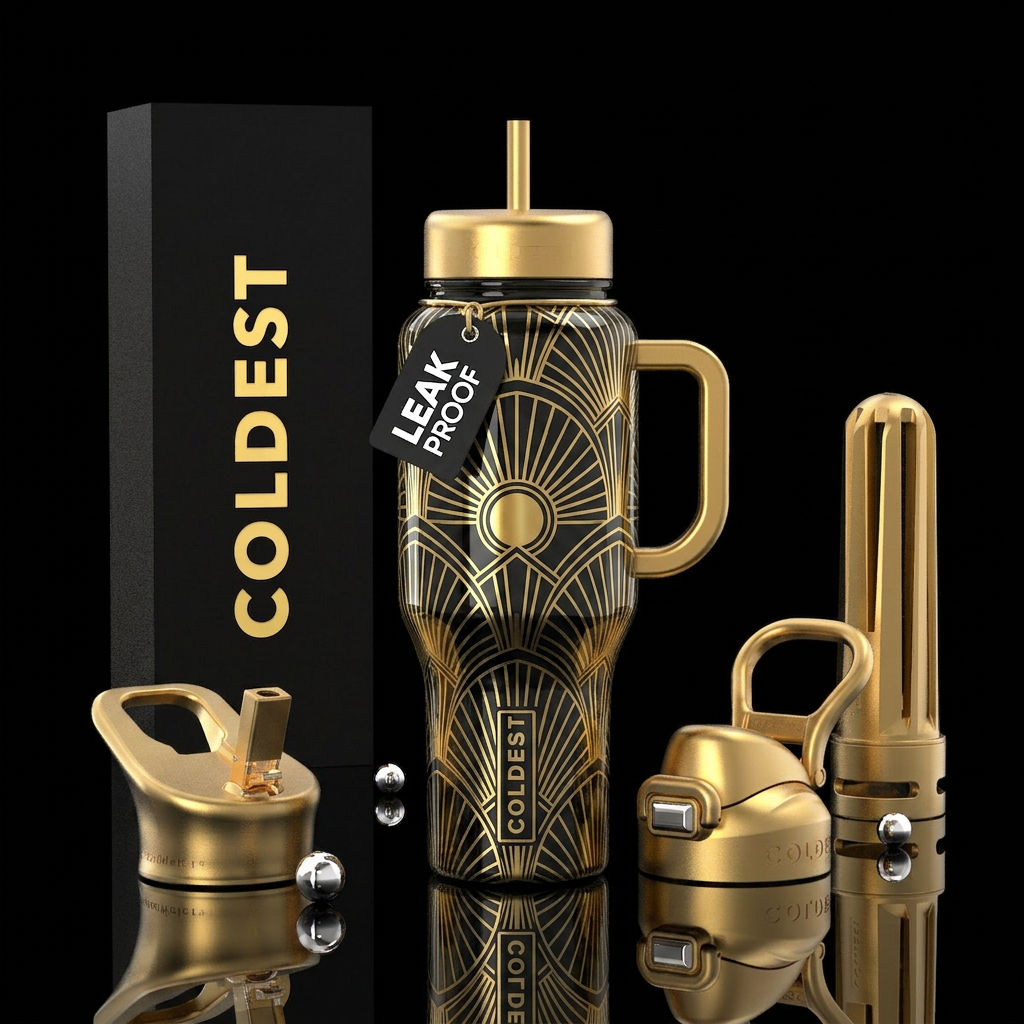Black background glossy with golden art deco suns water bottle design