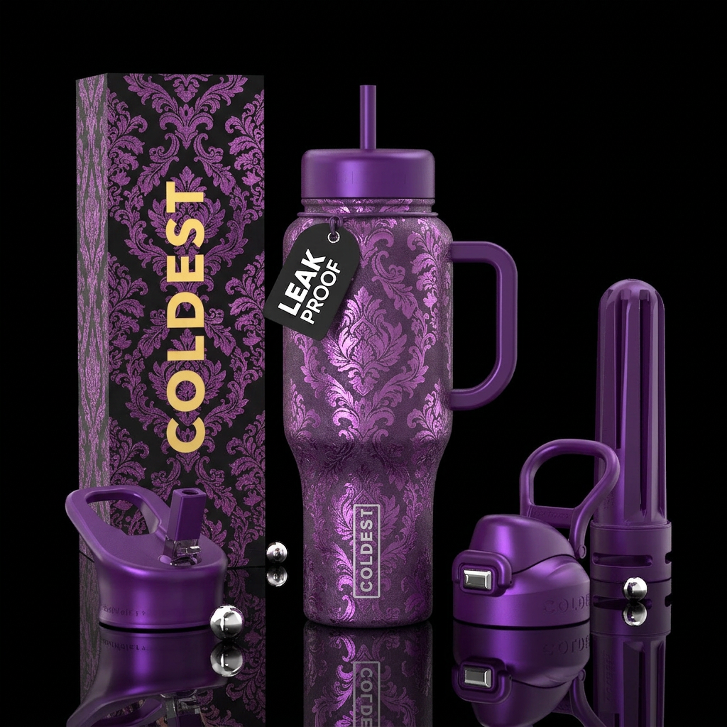 Metallic purple damask water bottle design