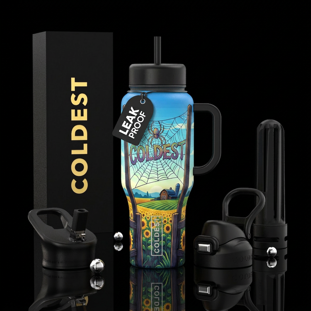 Spider web between 2 fence posts spelling out Cold... water bottle design