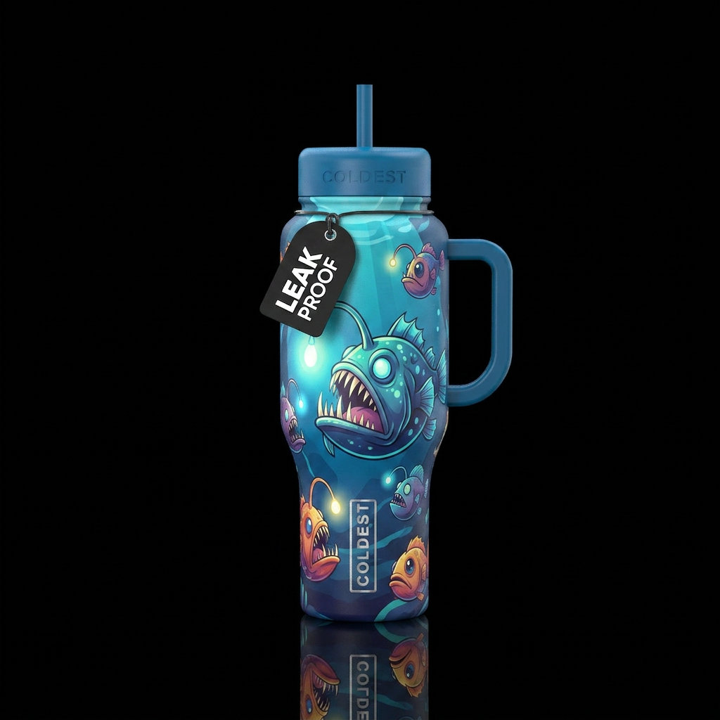 Cartoonist glowing anglerfish water bottle design