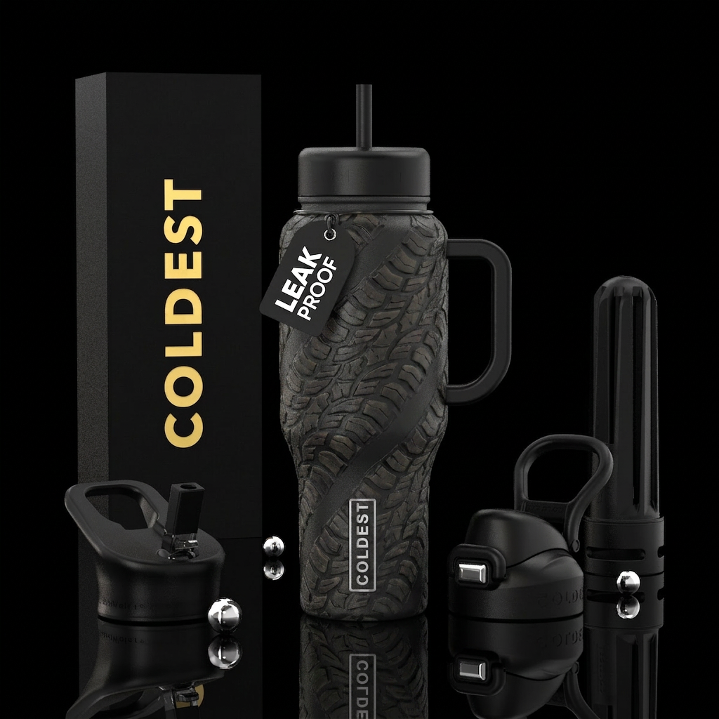 Black matte background with tire treads in believe... water bottle design