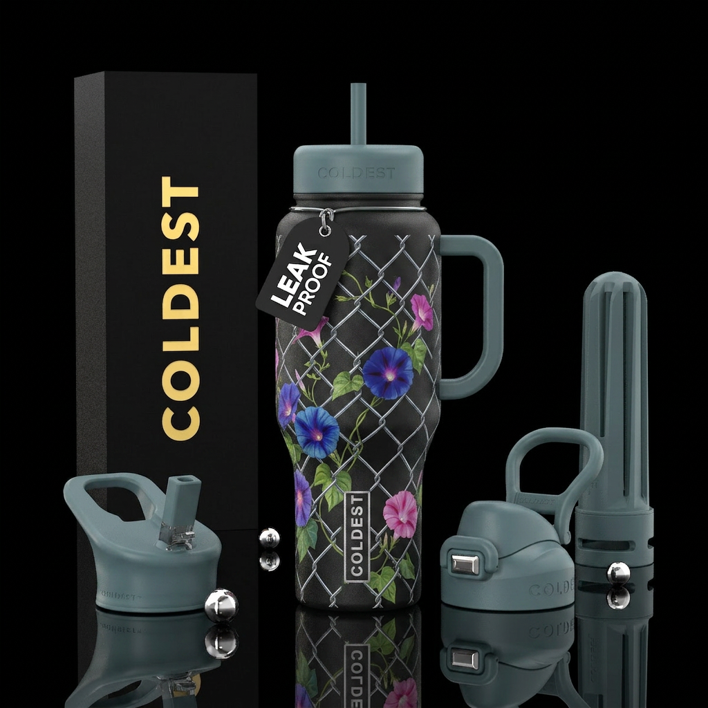 Chain link fence with morning glories in multiple ... water bottle design