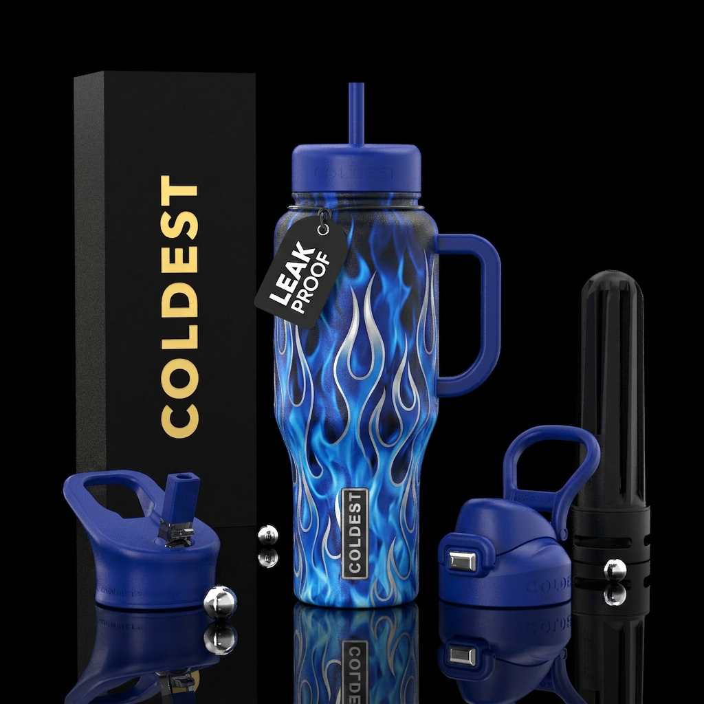 Blue flanes with silver tips reminiscent of 60s bi... water bottle design