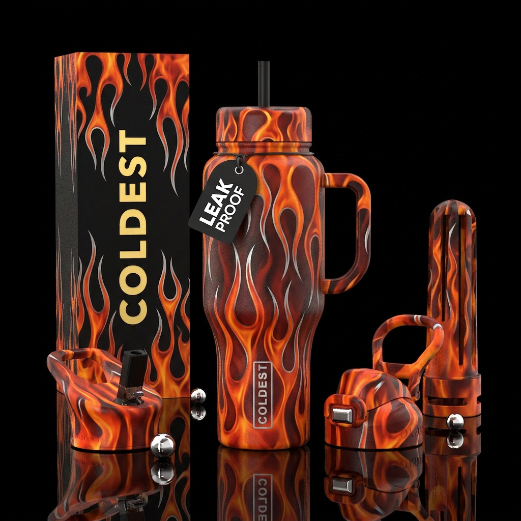 Orange and red flanes with silver tips reminiscent... water bottle design