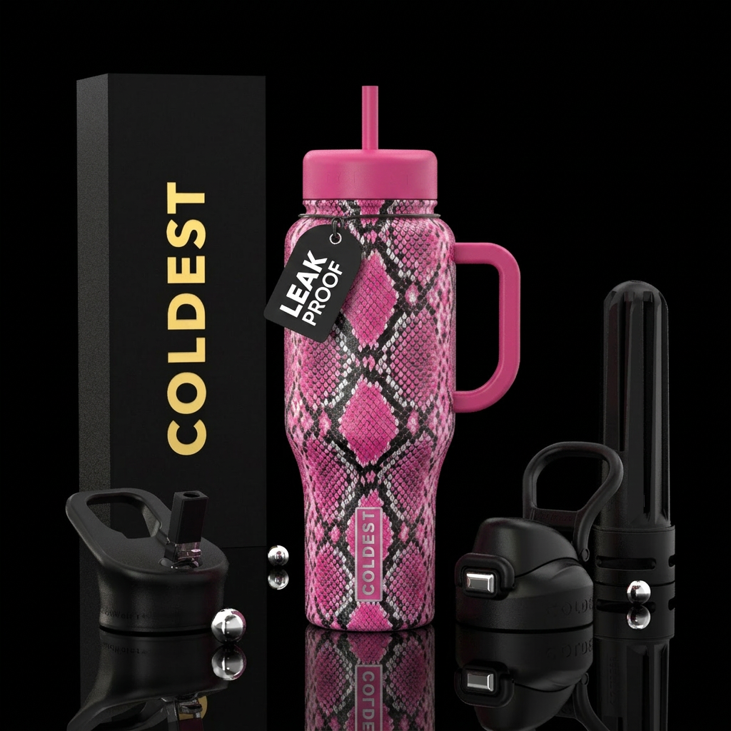 Pink and black and silver snake skin water bottle design