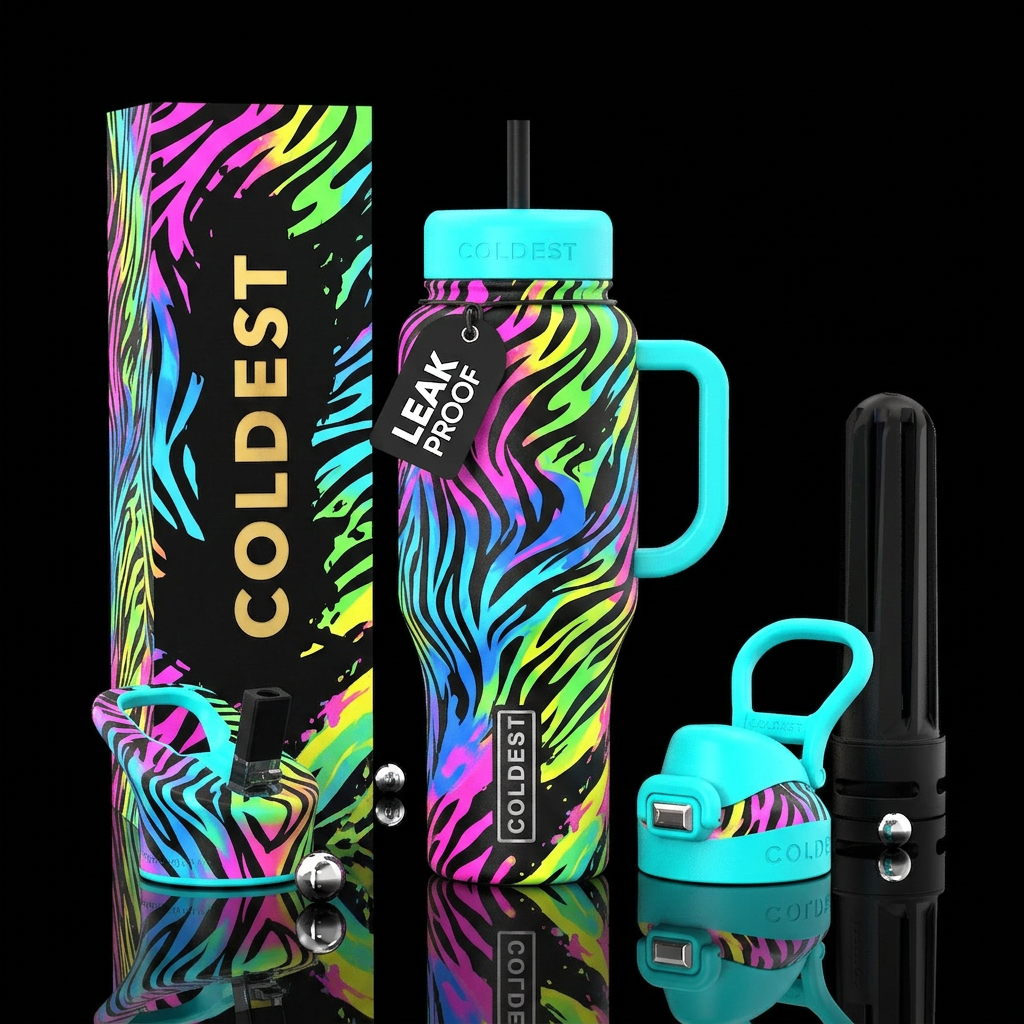 Zebra print with splashes of neon colors water bottle design