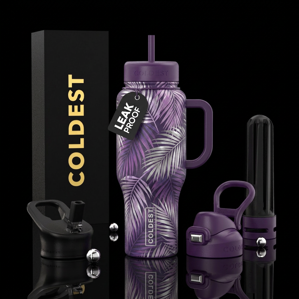Palm leaves in purple  lavender and silver over la... water bottle design