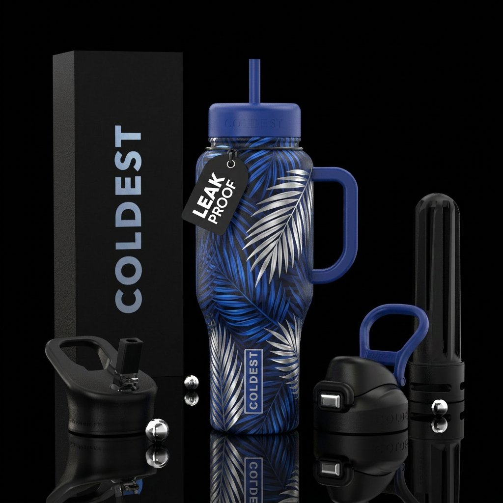 Palm leaves in dark blue royal blue and silver ove... water bottle design