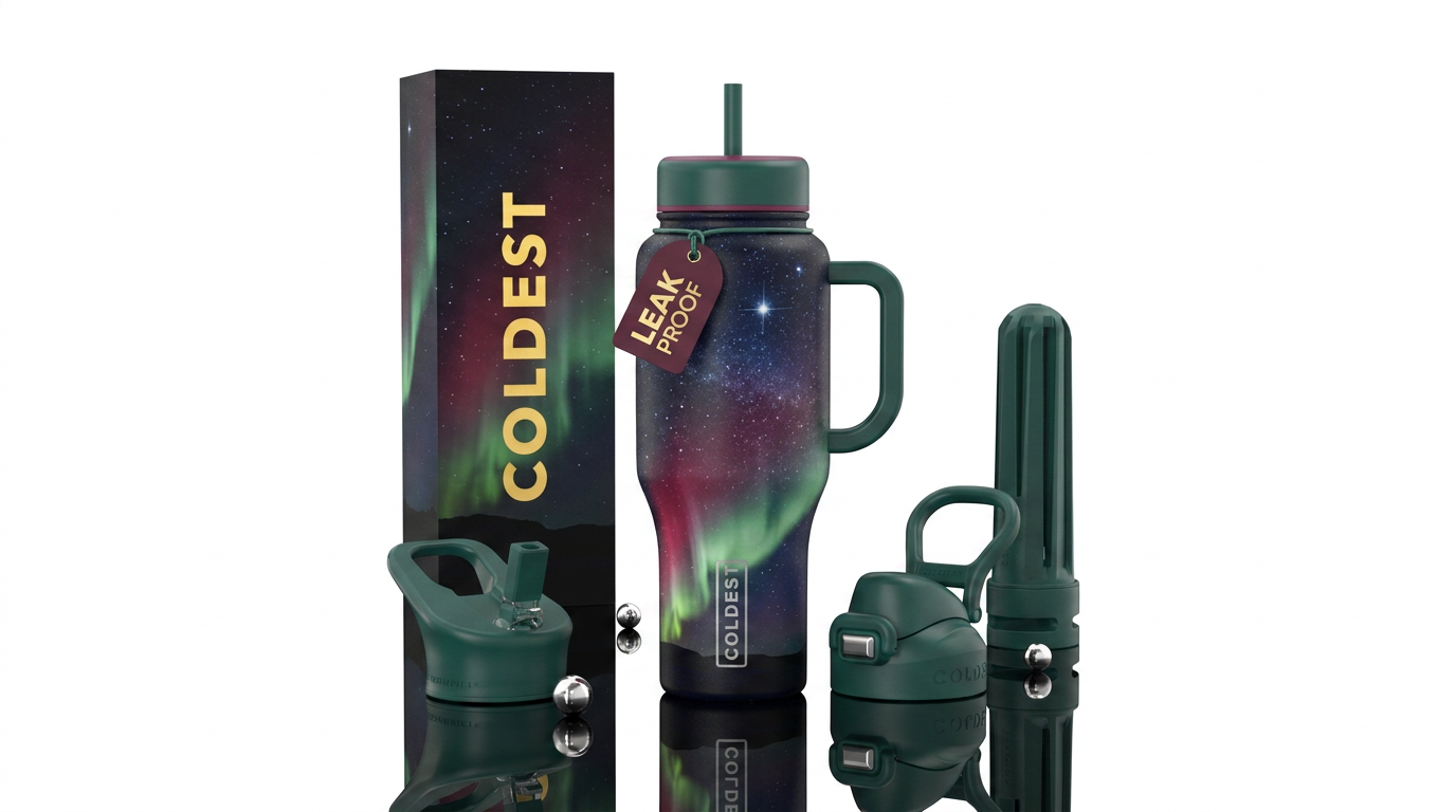 Northern lights in maroon pinks and green against ... water bottle design