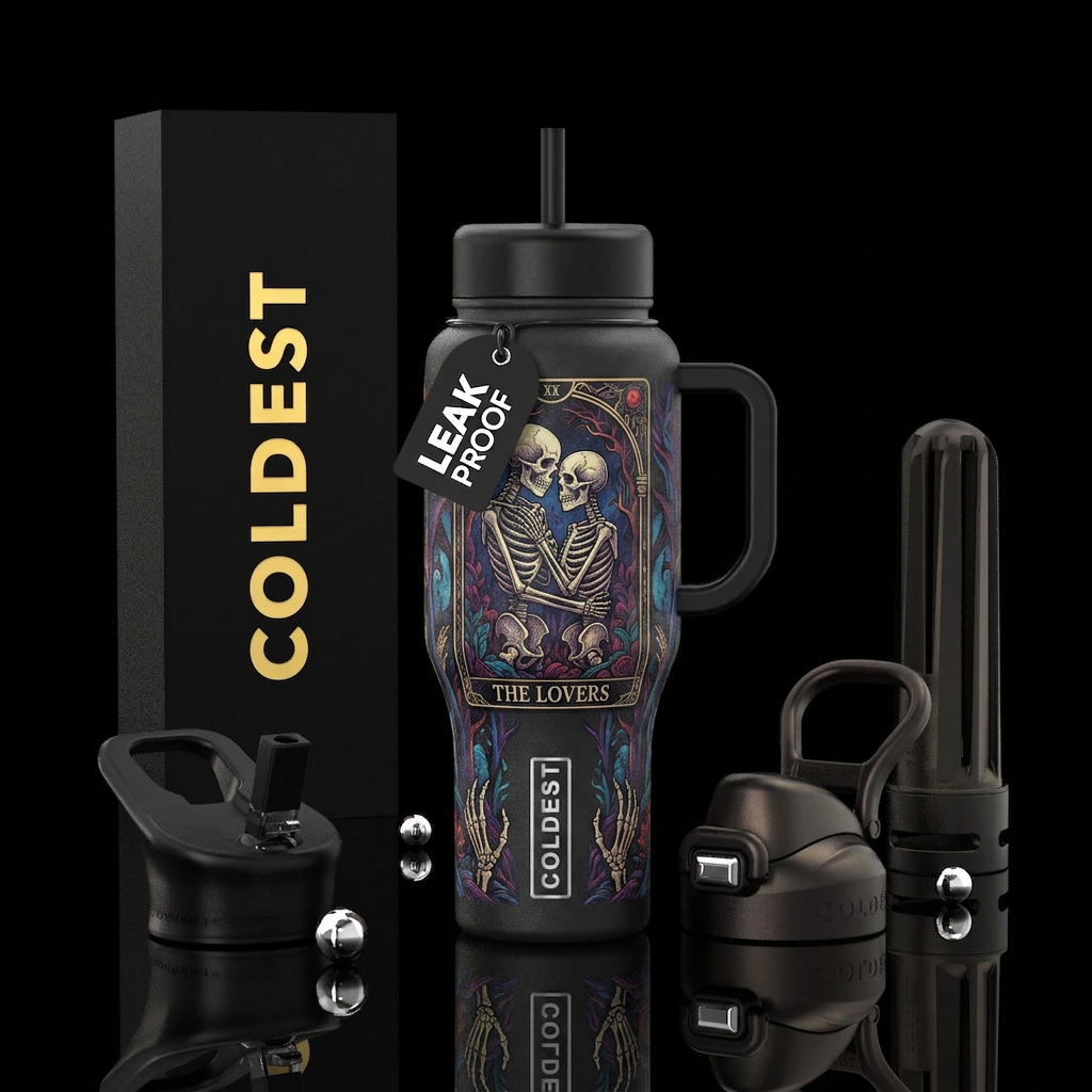 Tarot card, the lovers as skeletons give it a Goth... water bottle design