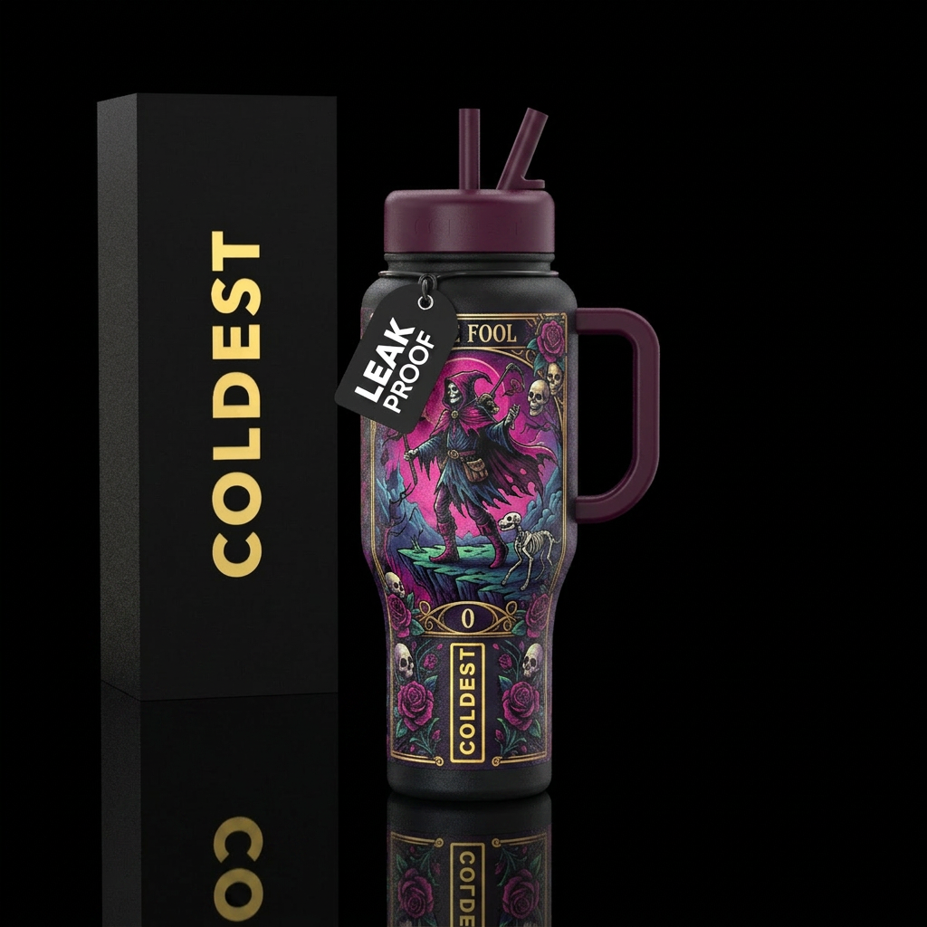 Tarot card the fool with a goth vibe water bottle design