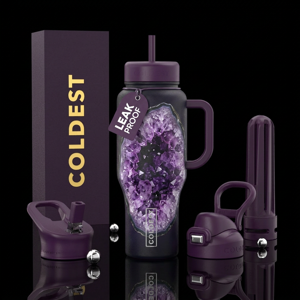An amethyst geode split open on a matte background water bottle design