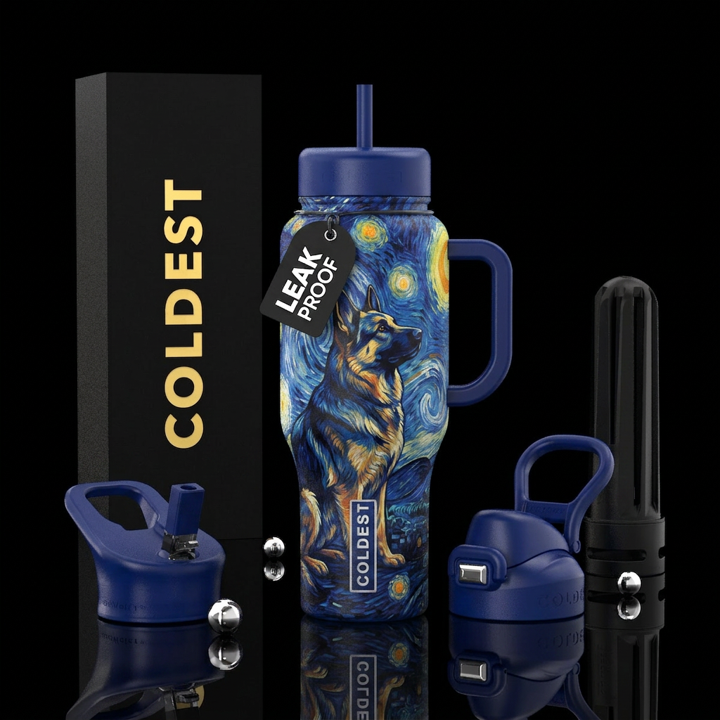 Van gogh starry background with German Shepherd water bottle design