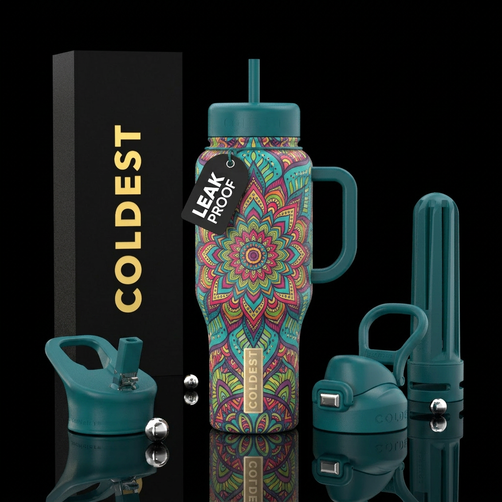 Bohemian Mandela in tropical colors water bottle design