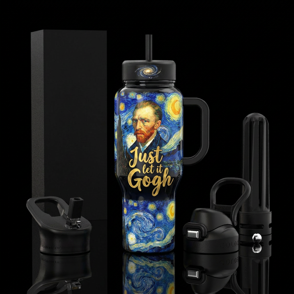 Picture of Van Gogh in starry vibe with caption " ... water bottle design