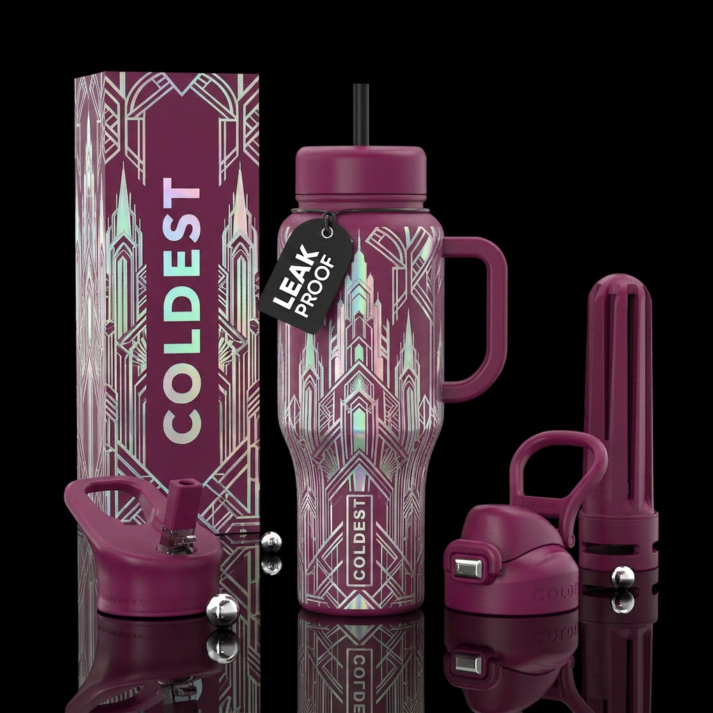 Dark magenta back ground n t with oppalescent art ... water bottle design