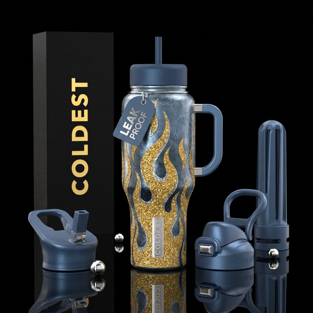Cold back ground with golden glitter flames, with ... water bottle design