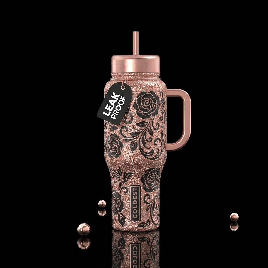 Rose gold glitter background with black embossed r... water bottle design