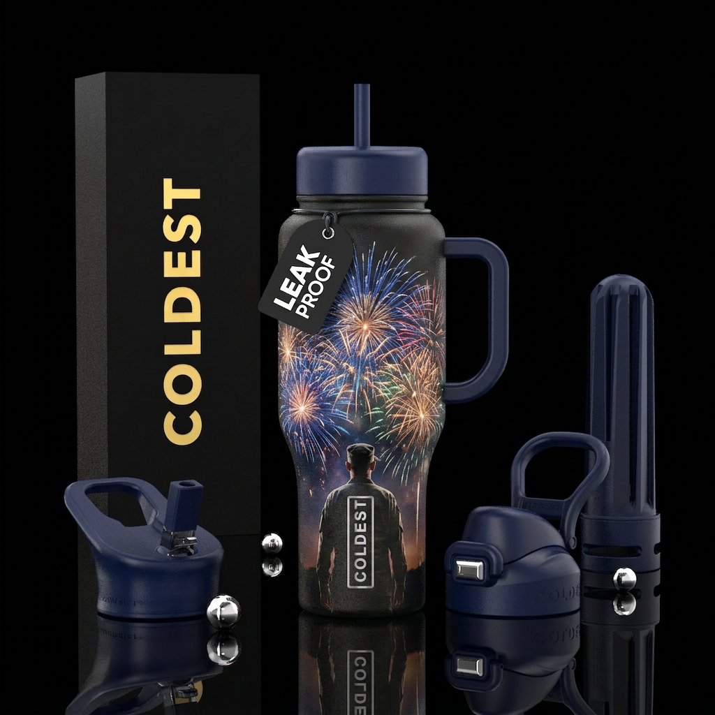Realistic fireworks display, grande finale vibe. L... water bottle design