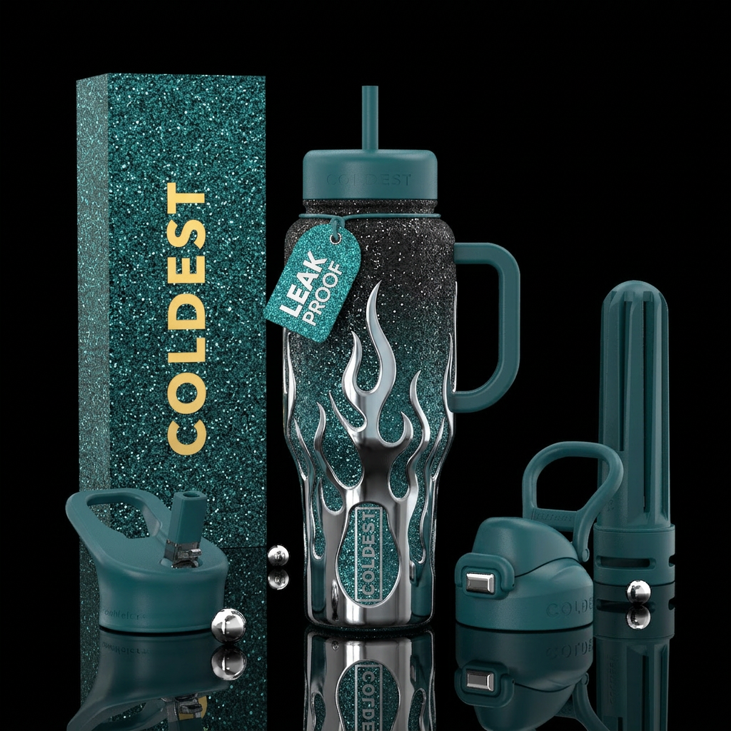 Black and dark teal ombre glitter with chrome flam... water bottle design
