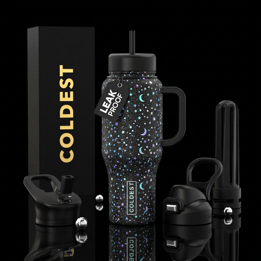 Black glitter with iridescent stars and moons water bottle design