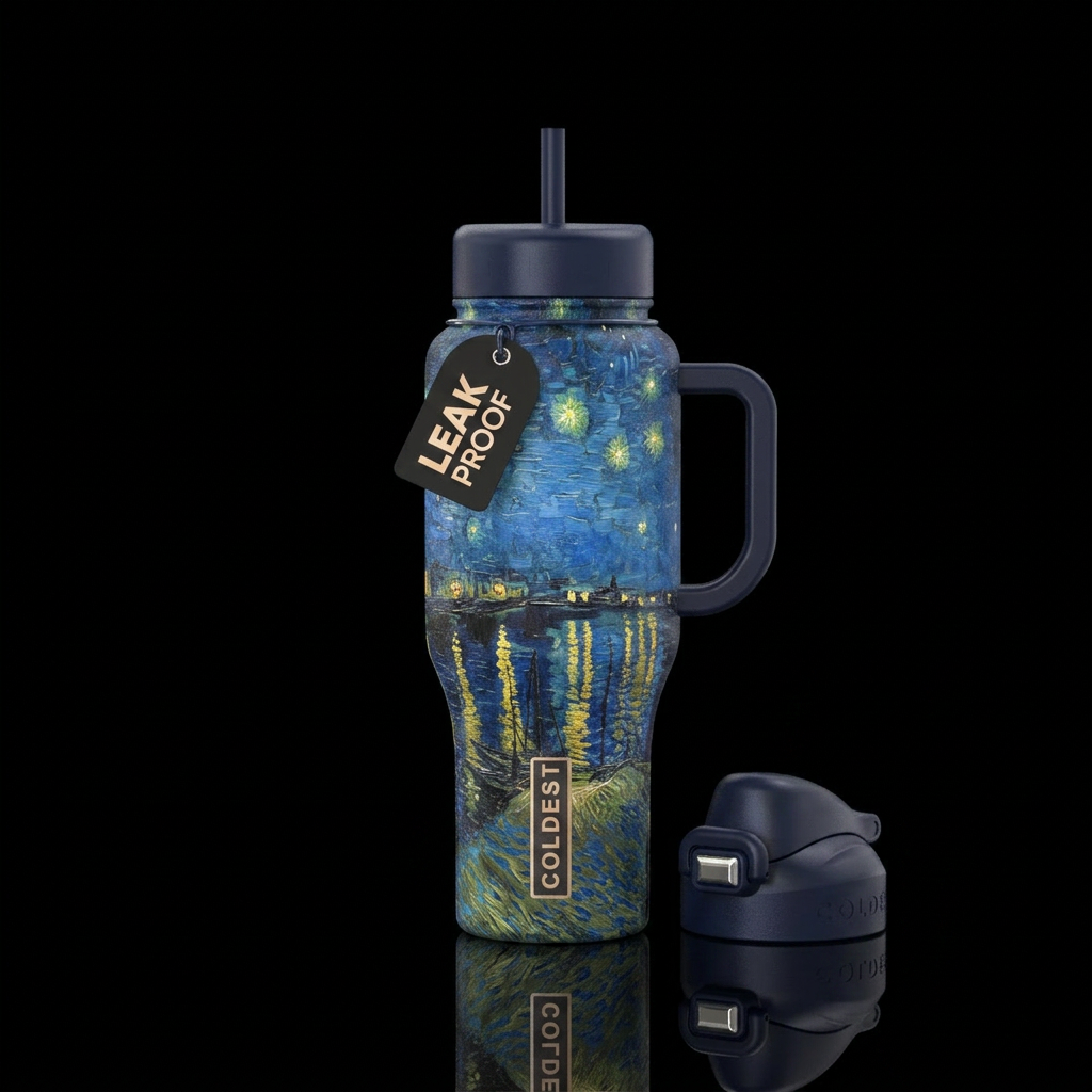 Starry night over the Rhone, with van gogh vibe bu... water bottle design