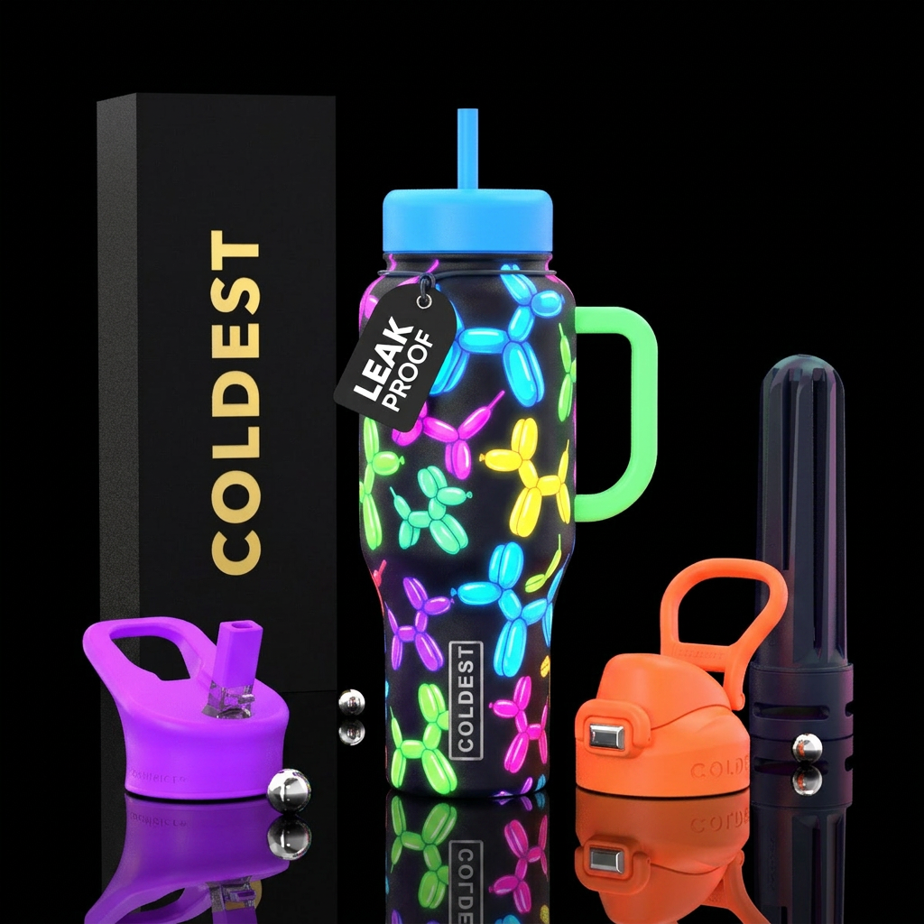 Balloon animals in bright glowy color on dark back... water bottle design