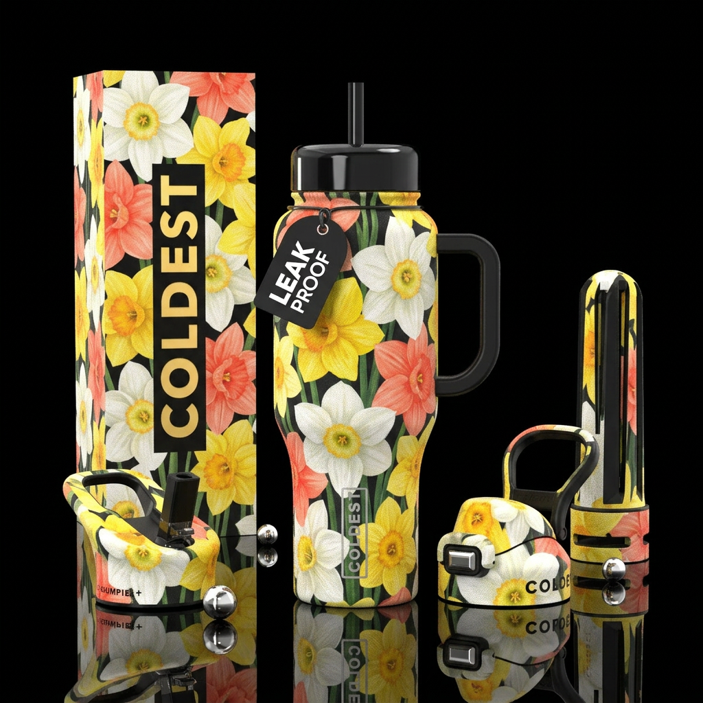 Daffodils in white, yellow and coral. No yellow ba... water bottle design