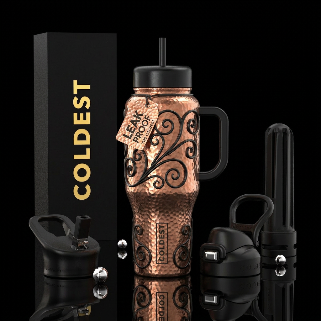Hammered copper back ground with black wrought iro... water bottle design