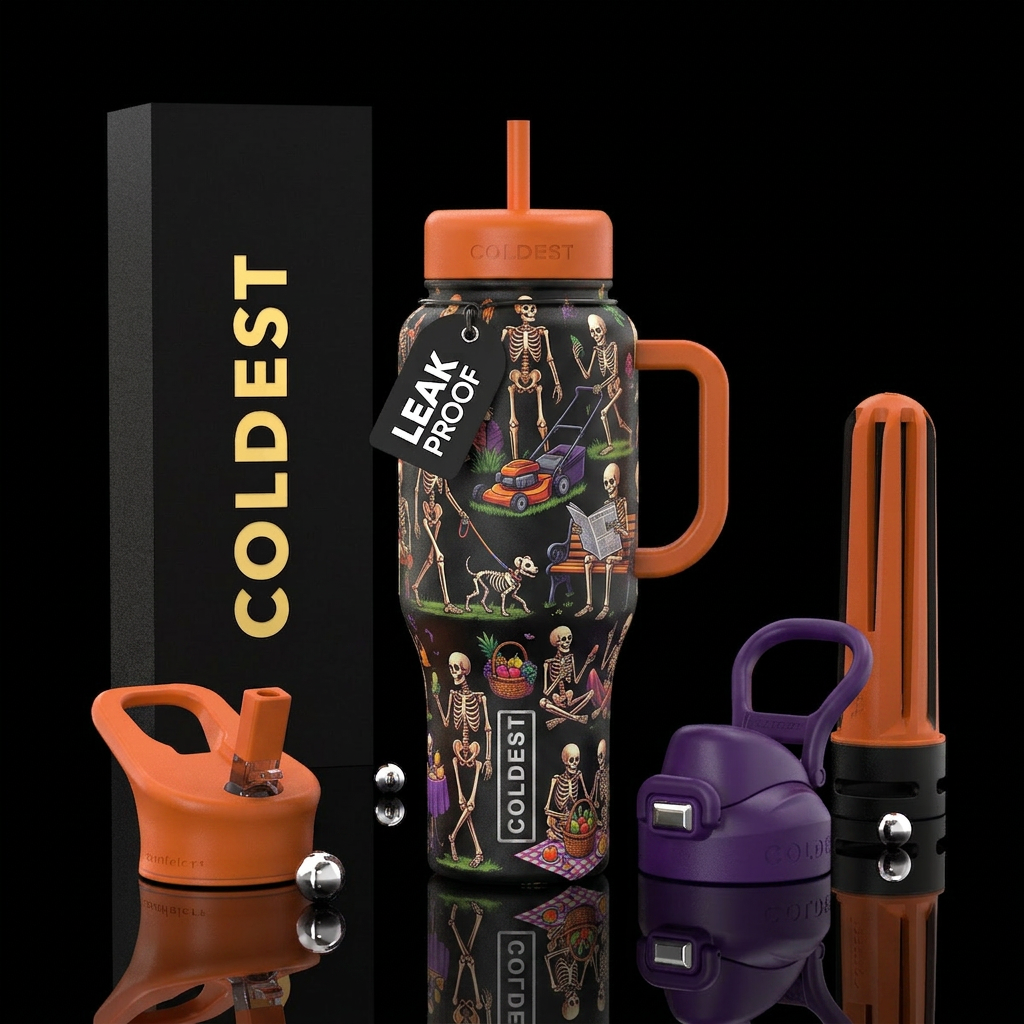 Skeletons doing every day things, walking dog, mow... water bottle design