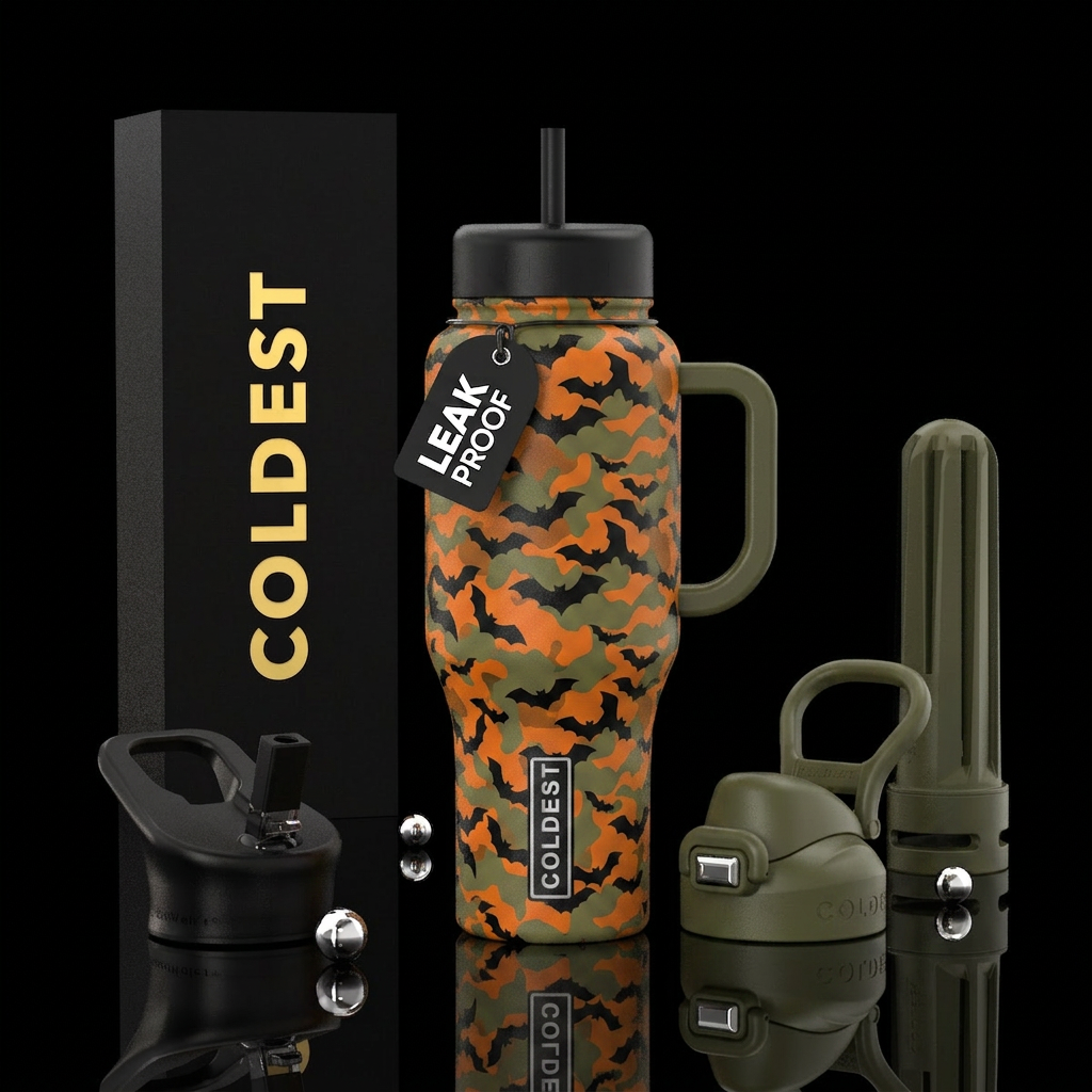 Camouflage using g bat shapes in orange black and ... water bottle design