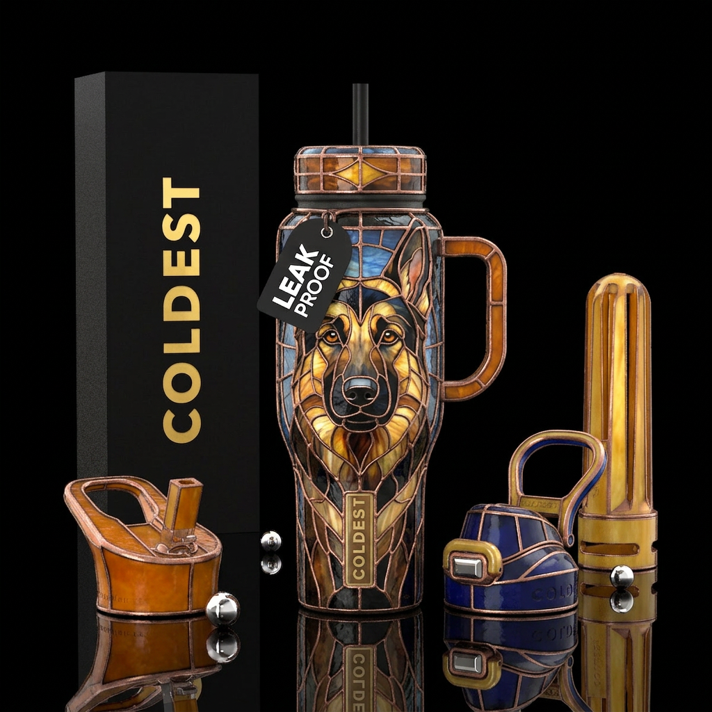 German shepherd made from stained glass water bottle design