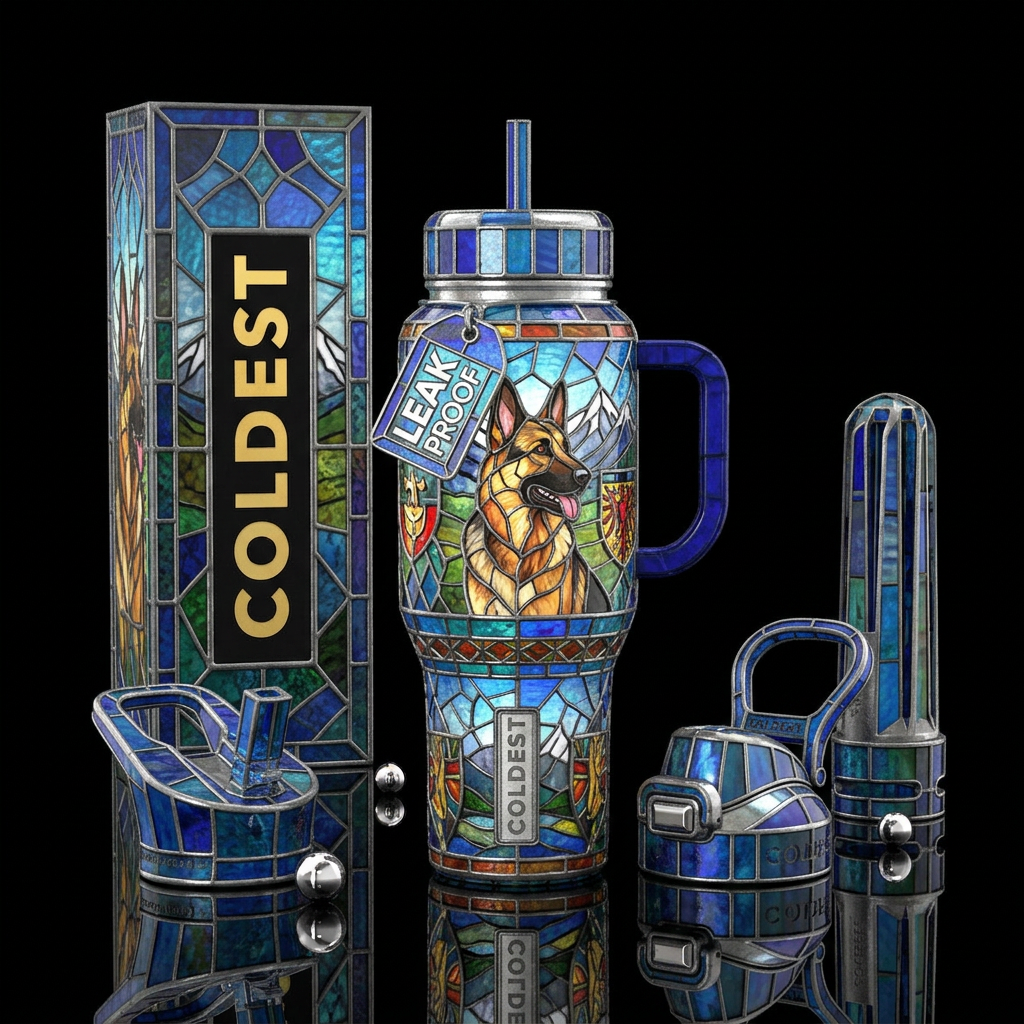 German shepherd made from stained glass water bottle design