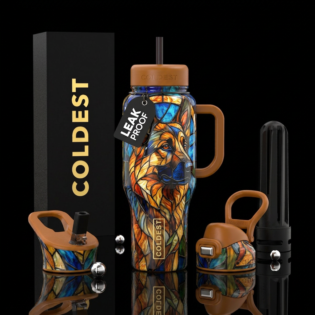 German shepherd made from stained glass water bottle design