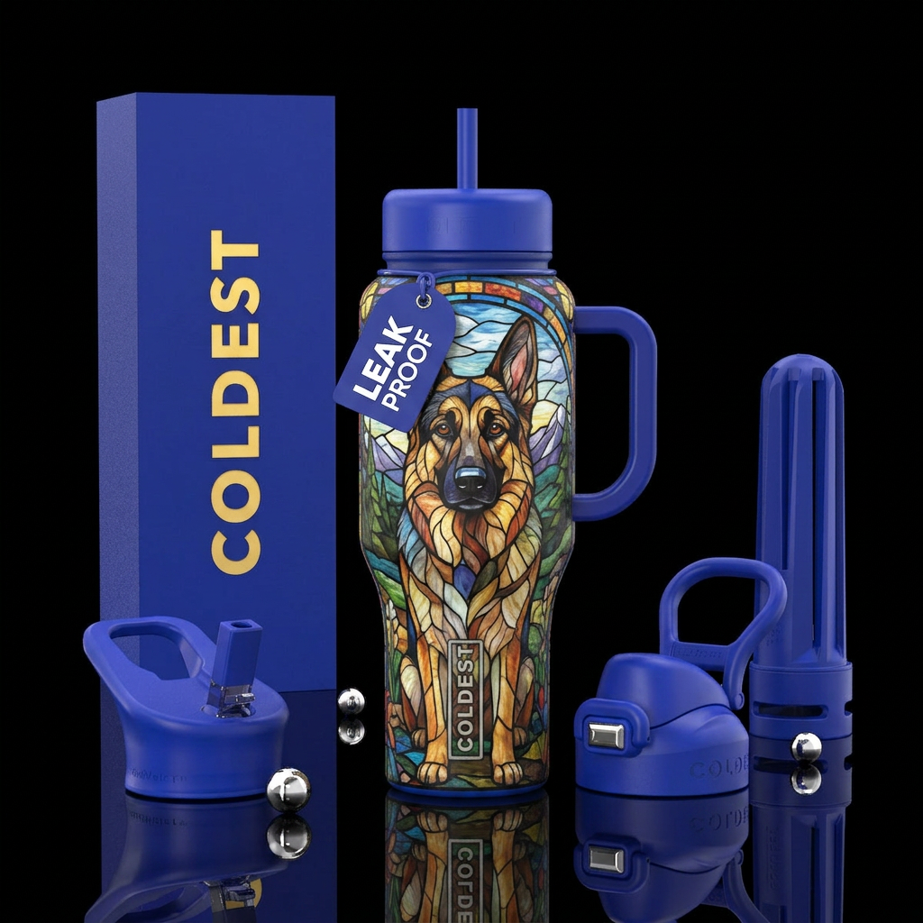 German shepherd made from stained glass water bottle design