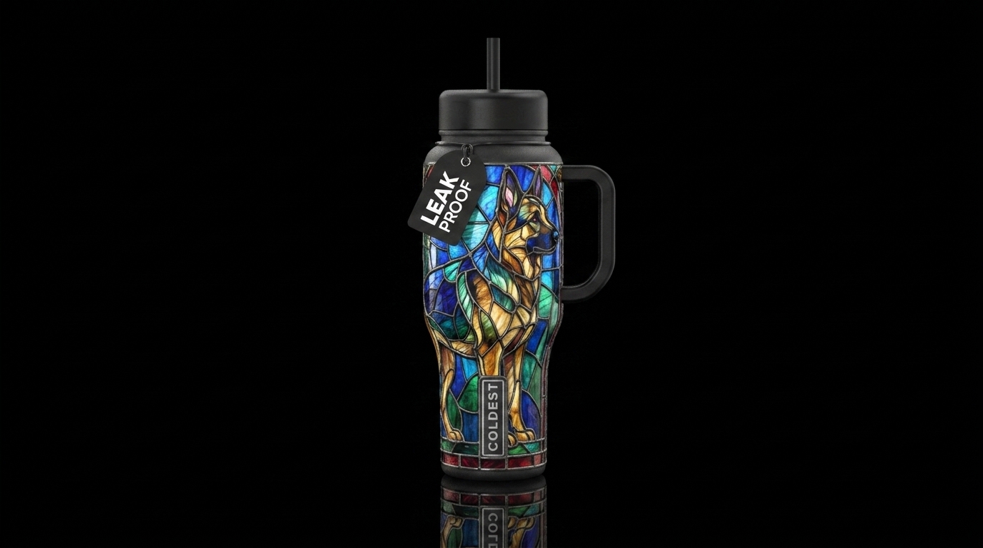 German shepherd made from stained glass water bottle design
