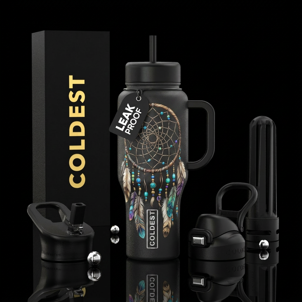 Dream catcher with proper native adornment water bottle design