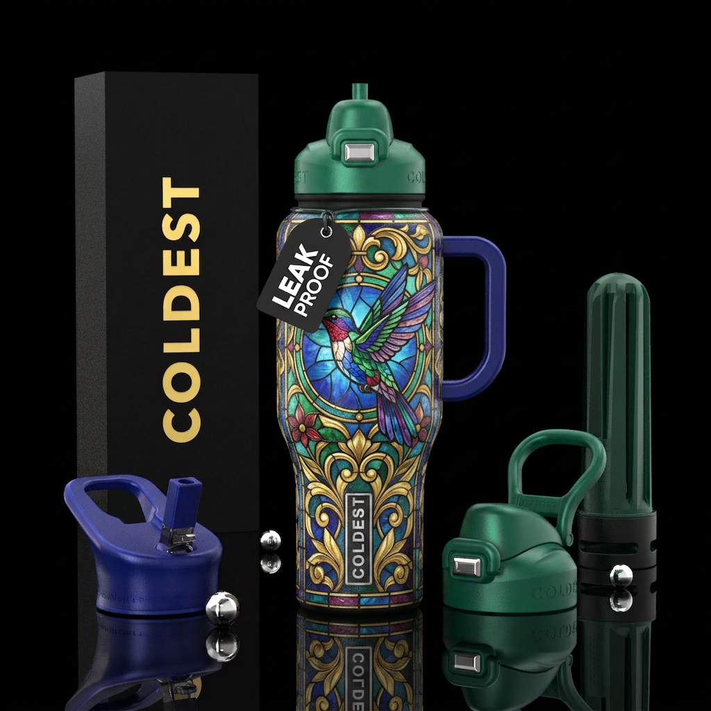 Stained glass hummingbird in jewel tones with gold... water bottle design
