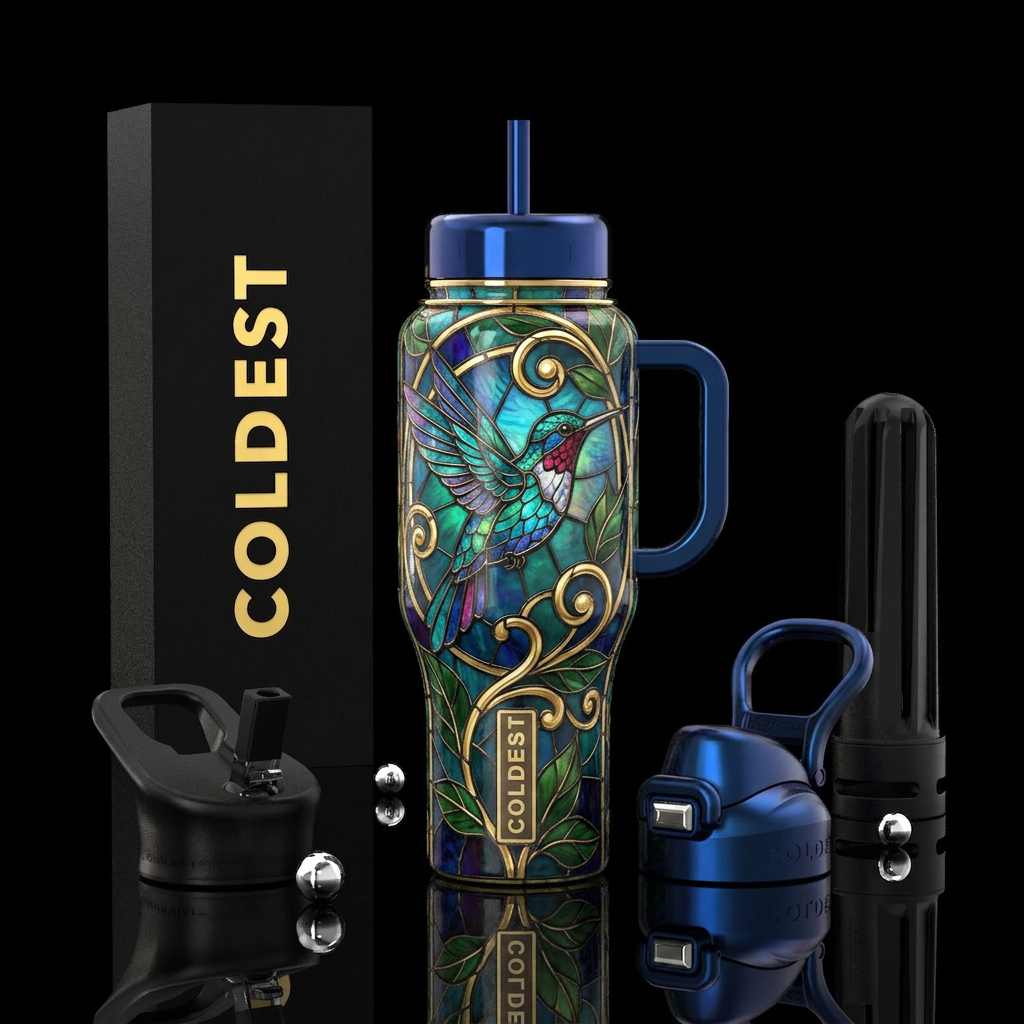Stained glass hummingbird in jewel tones with gold... water bottle design