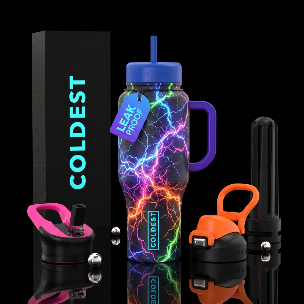 Electrical.currents in multiple colors on dark bac... water bottle design