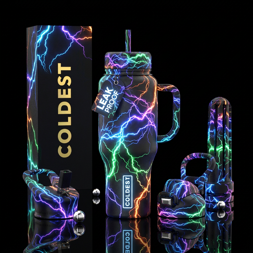 Electrical.currents in multiple colors on dark bac... water bottle design