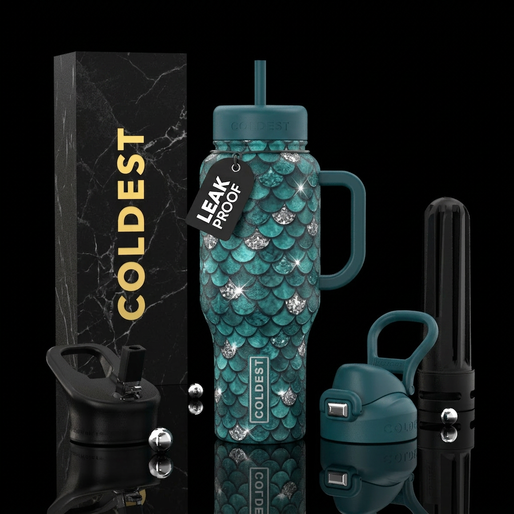 Mermaid scales in a dark teal with sparkling silve... water bottle design