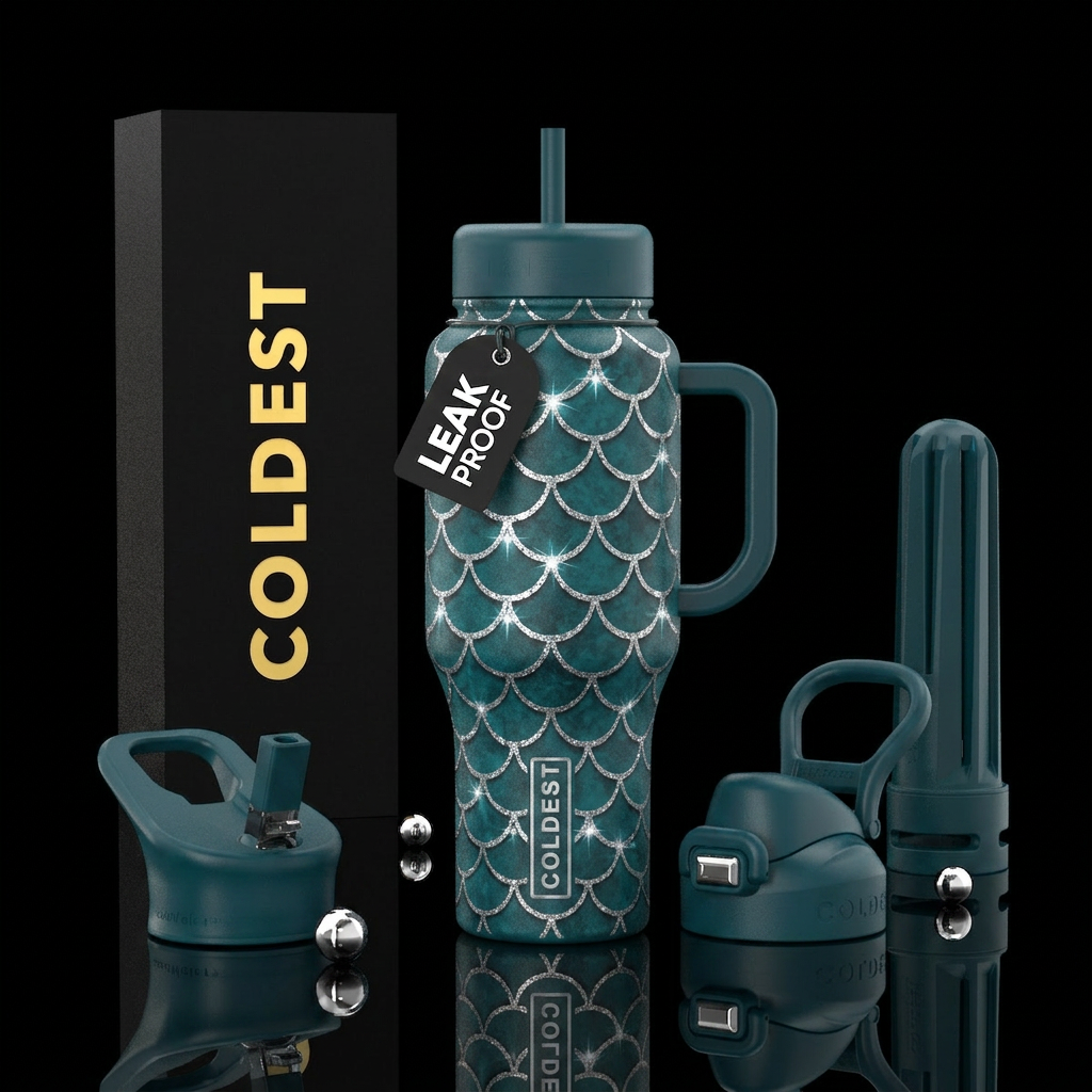 Mermaid scales in a dark teal with sparkling silve... water bottle design