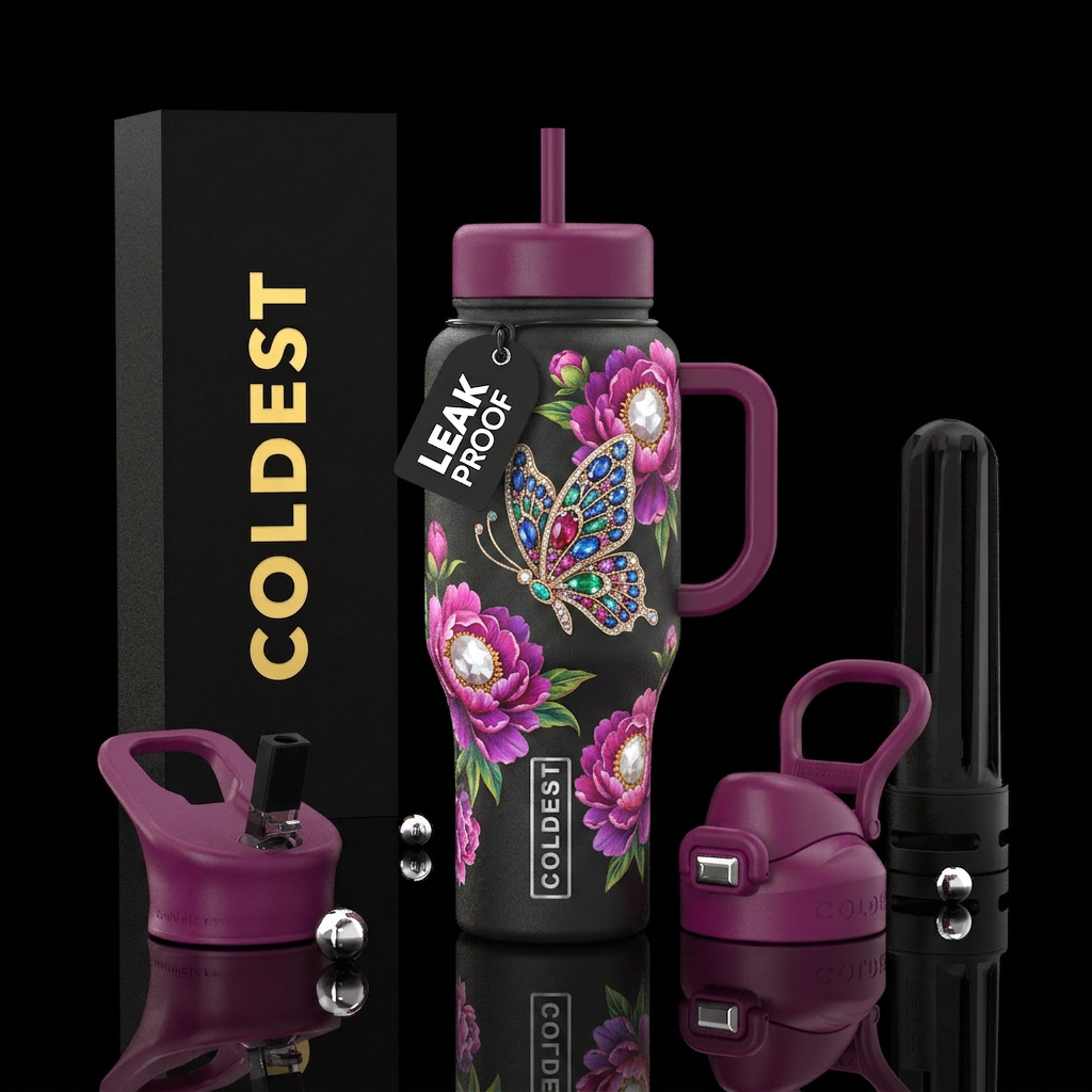 Butterfly with jeweled wings in flight, surrounded... water bottle design