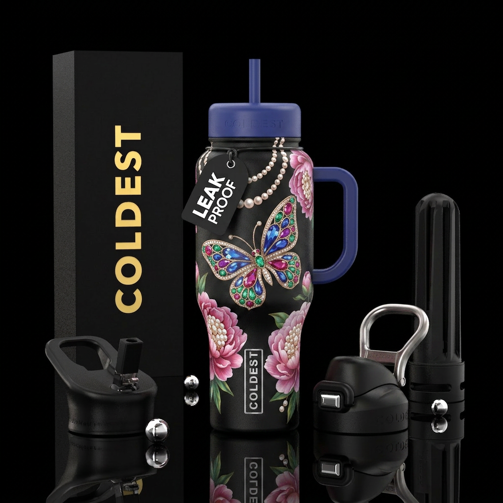 Butterfly with jeweled wings in flight, surrounded... water bottle design