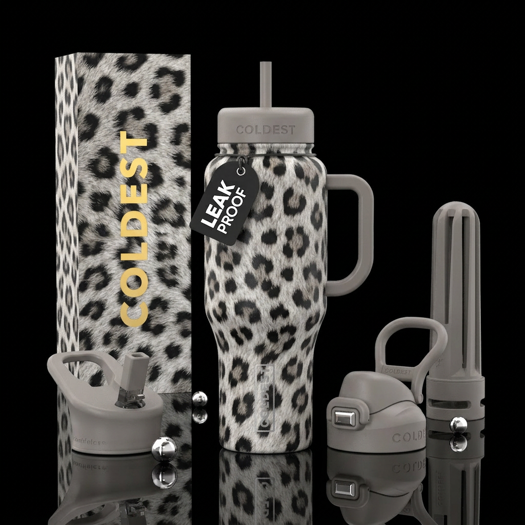 Snow leopard print water bottle design