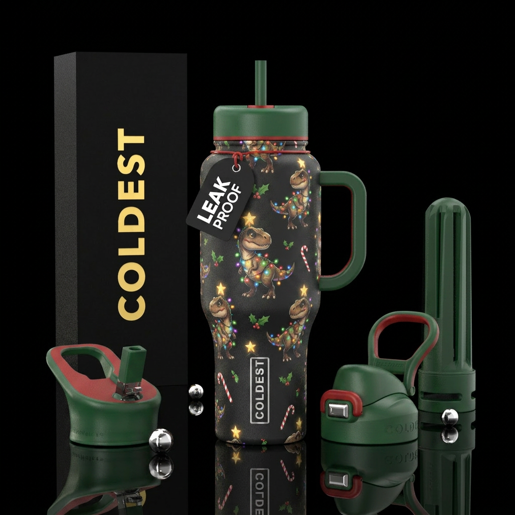 Baby t rex's draped with Xmas lights with Xmas sta... water bottle design